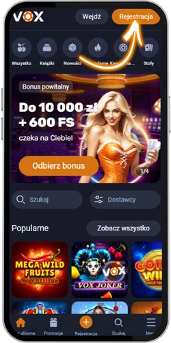 Vox Casino kliknij przycisk rejestracji