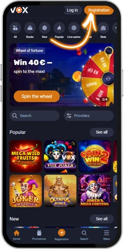 Vox Casino noklikšķiniet uz reģistrācijas pogas